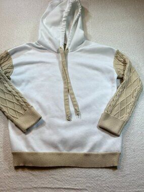 Hem and Thread Cable Knit Sleeve/Back Hoodie White and Tan Sz S